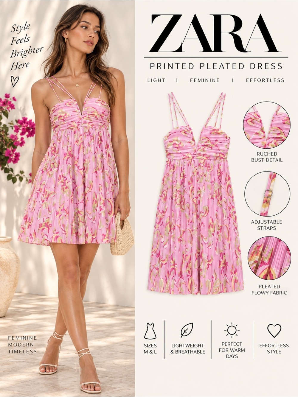 ZARA Pink Printed Pleated Mini Dress M L NWT 5039/619